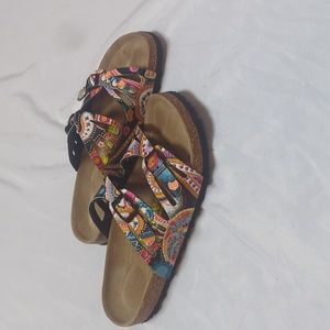 Viking Two Buckle Cut Out Slide Brama Comfort Cork Sandals in Black Paisley